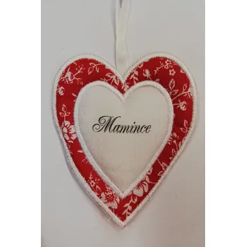 Látkové srdíčko bílé s červenobílým okrajem - Mamince