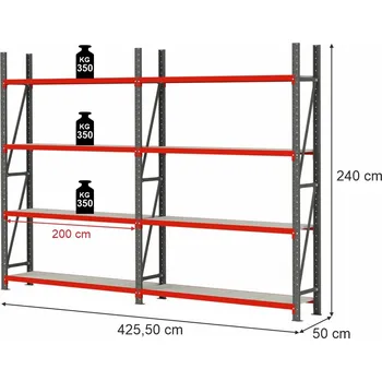 Dílenský regál Skladový regál FORTIS, 8policový, výška 240 cm, délka 425,5 cm, hloubka 50 cm