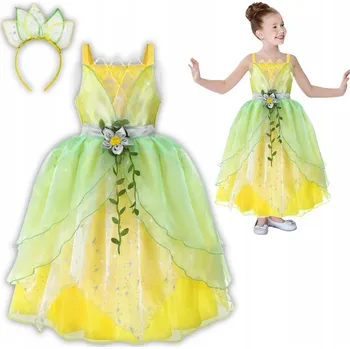 Karnevalový kostým KOSTÝM VÍLY ŠATY ZVONEČEK PŘEVLEK PRINCEZNA ŽÁBA TIANA 140 146