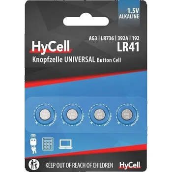 Článková baterie Alkalické knoflíkové baterie HyCell LR41 1,5 V, 4 kusy, AG3 GP192 L736, s dlouhou životností, pro