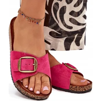 Dámské pantofle NAZOUVÁKY DÁMSKÉ EKO SEMIŠOVÉ KORKOVÁ PLATFORMA PŘEZKA FUCHSIOVÁ 37