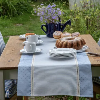 ubrus Běhoun z pomněnkového kanafasu proužky a puntíky s krajkou Vzor kanafasu: Proužky 3mm, Běhouny sešívané: 43x200cm