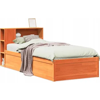 Postel Dřevěná borovicová postel s čelem a poličkami, voskovaný hnědý odstín, 230,5x106,5x8
