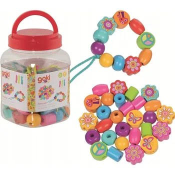 Dřevěná hračka Barevné korálky různých tvarů k navlékání Goki