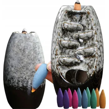Aroma lampa Keramický vonný vodopád Aromalampa šedý + 10 knotů vonných tyčinek pro relaxaci