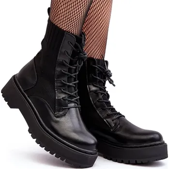 Dámská zimní obuv KOTNÍKOVÉ BOTY WORKERY NA VKLOUZNUTÍ ŠNĚROVACÍ Z EKO KŮŽE S PONOŽKOU ČERNÉ 37