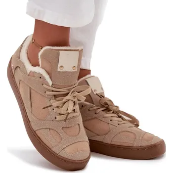 Dámské tenisky DÁMSKÉ TENISKY Z EKO SEMIŠE ZATEPLENÉ KOŽÍŠKEM NÍZKÉ ŠNUROVACÍ BÉŽOVÉ VEL. 38