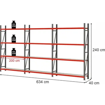 Dílenský regál Skladový regál FORTIS, 12policový, výška 240 cm, délka 634 cm, hloubka 40 cm