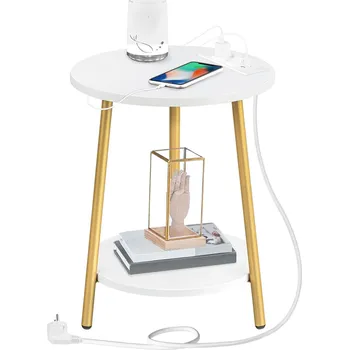 Konferenční stolek Kulatý odkládací stolek Vasagle Luretta 40 cm s nabíjecí stanicí bílý/zlatý