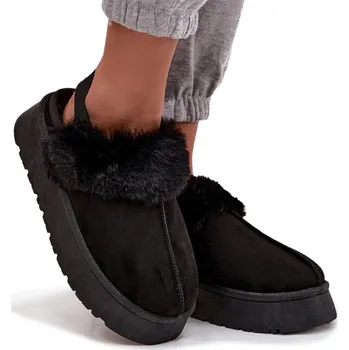 Dámská obuv PANTOFLE NA PLATFORMĚ ZATEPLENÉ KOŽEŠINOU S GUMIČKOU, ČERNÉ, VELIKOST 39