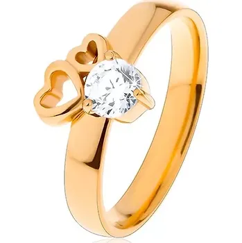 Prsten Prsten z chirurgické oceli zlaté barvy, dva obrysy srdcí, čirý zirkon - Velikost: 57