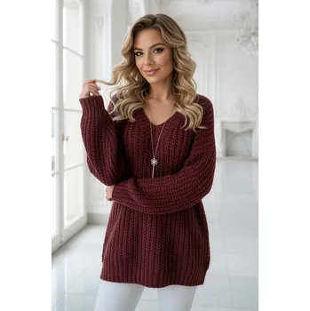 Dámský svetr 661-1 Teplý svetr oversize s fleecovou vazbou a výstřihem do V - vínový UNI