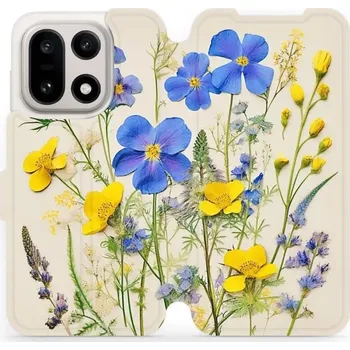 Pouzdro na mobilní telefon Flipové pouzdro Mobiwear - OnePlus 15 - VP41S Modré a žluté kvítky (Knížkové flip pouzdro, obal, kryt na mobil OnePlus 15 - VP41S Modré a žluté kvítky, materiál Umělá kůže + TPU - ochrana 360°, stojánek, silikonová vanička, magnetické zavírání)