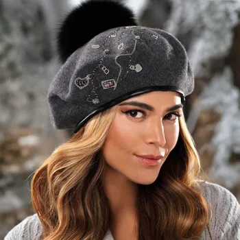 Pokrývka hlavy KRUMLOVANKA Dámská vlněná čepice s bambulí W-0581/844 tmavě šedý melange