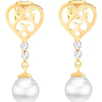 Náušnice Náušnice ze zlata 585 - srdce s vyřezávanými ornamenty, brilianty a perlou