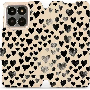 Pouzdro na mobilní telefon Flipové pouzdro Mobiwear - Honor X7d - VA51S Černá srdíčka (Knížkové flip pouzdro, obal, kryt na mobil Honor X7d - VA51S Černá srdíčka, materiál Umělá kůže + TPU - ochrana 360°, stojánek, silikonová vanička, magnetické zavírání)