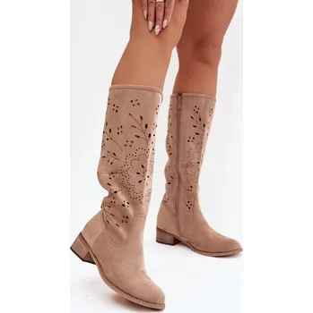 Dámské kozačky Ažurové dámské kozačky na klínu Khaki Helinna 41