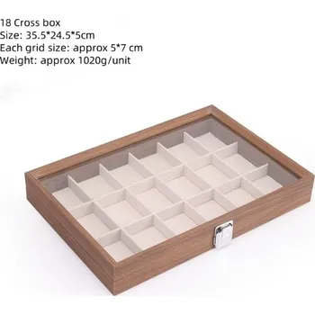 Úložný box Dřevěná kazeta na sbírku minerálů a tektitů se skleněným víkem Počet přihrádek: 18
