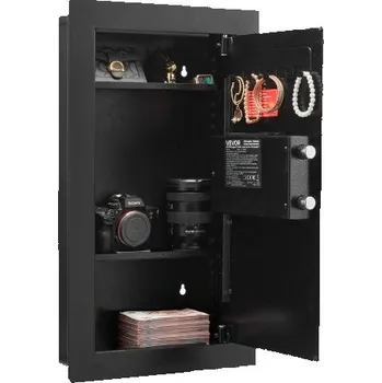Trezor Nástěnný trezor VEVOR, třípatrový skrytý nástěnný trezor s heslem a klíčem, zapuštěná krabice z oceli válcované za studena Q235 s LED osvětlením, 2 nastavitelné police a 5 klíčenek na peníze, šperky, pas, černá