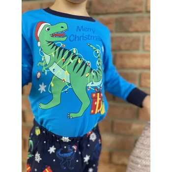 Chlapecké pyžamo Kugo Klučičí Vánoční pyžámko DINO Barva: Modrý vršek s tmavě modrými kalhoty, Velikost: 110