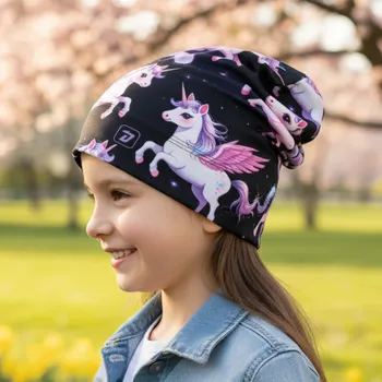 Čepice Dívčí fleesová ČEPICE černá s jednorožci Yetti Dráče