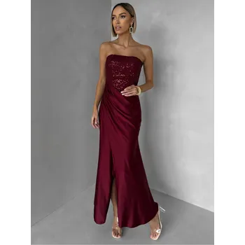 Dámské šaty Vínové třpytivé korzetové společenské šaty AVENZA s rozparkem Velikost: ONESIZE