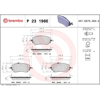 Brzdová destička Sada brzdových destiček, kotoučová brzda BREMBO P 23 198E