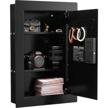 Trezor Nástěnný trezor VEVOR, třípatrový skrytý nástěnný trezor s otiskem prstu, heslem, klíčem a otočnou knoflíkem, zapuštěná krabice z oceli válcované za studena Q235 s nastavitelnými policemi a držáky klíčů na peníze, šperky, pas a dokumenty