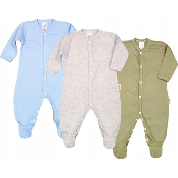 Kojenecký overall Balení 3 ks ORGANICKÝCH Bavlna Overal GOTS, světle modrá/melánžová/khaki, vel. 74 KLEKLE