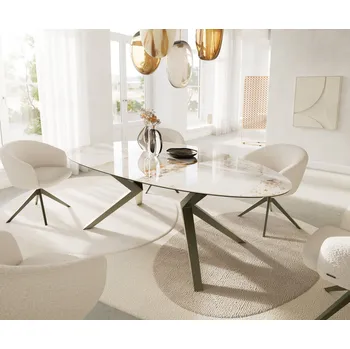 Jídelní stůl DELIFE Jídelní stůl Edge oválný 220x120 keramika Minas Melange bílá béžová Zenthara hranatý kov titanová efektová úprava