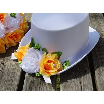 Svatební dekorace Cylindr bílý - oranžové a bílá růže