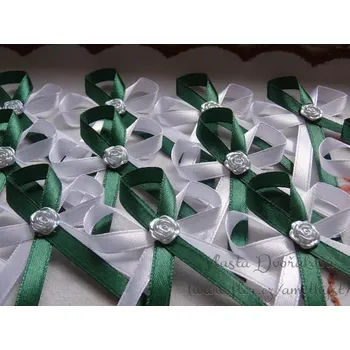 Svatební dekorace Vývazek bílý s růžičkou - tmavě zelená 3120