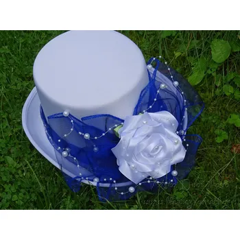 Svatební dekorace Cylindr bílý - tm. modrá organza a atlasová růže