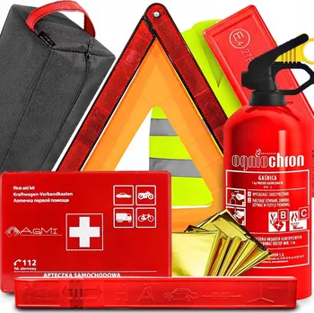 Autolékárnička Agmi sada: hasicí přístroj do auta, lékárnička, výstražný trojúhelník, reflexní vesta, fólie NRC, taška