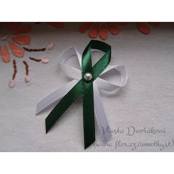 Svatební dekorace Vývazek bílý s perličkou - tmavě zelená 3120 II.