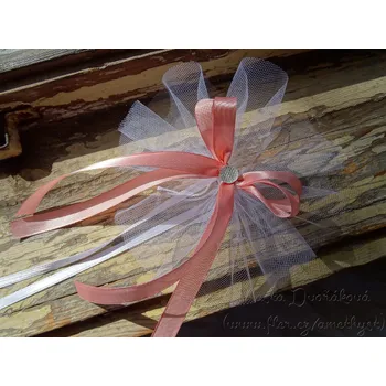 Svatební dekorace Mašle na kliky nebo zrcátka - bílý tyl / starorůžová