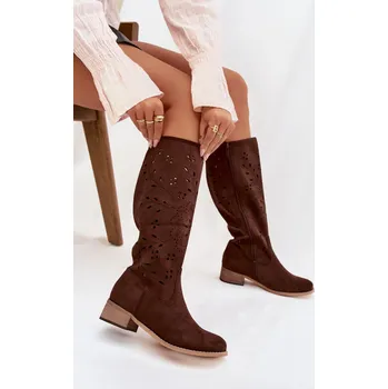 Dámské kozačky Dámské perforované kozačky na podpatku Helinna – čokoládová Velikost: 38