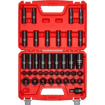 Klíč Sada rázových nástrčných klíčů VEVOR 1/2 palce Drive, 39 kusů, 6hranné hluboké a mělké rázové nástrčné klíče, metrické 9 až 30 mm, vysoce odolná chrom-vandidátová ocel, s univerzálním kloubem, dvojité značení velikostí, odolné přepravní pouzdro