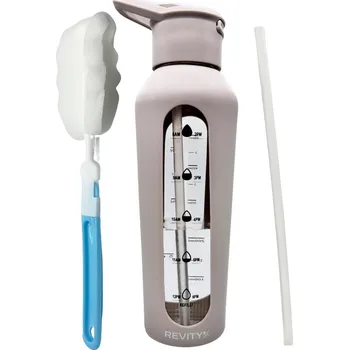 REVITY Skleněná motivační láhev na vodu 700 ml se silikonovým obalem a pítkem 750ml ŠEDÁ