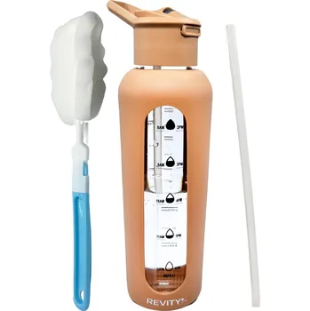 REVITY Skleněná motivační láhev na vodu 700 ml se silikonovým obalem a pítkem 0,75 LITRU BÉŽOVÁ