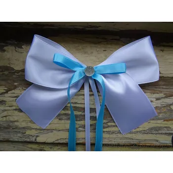 Svatební dekorace Atlasová mašle na auto bílá - tyrkysová 655