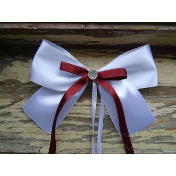 Svatební dekorace Atlasová mašle na auto bílá - bordó 347