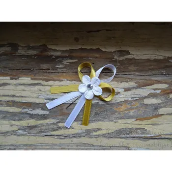 Svatební dekorace Atlasový vývazek - zlatá 128 / bílá s kytičkou