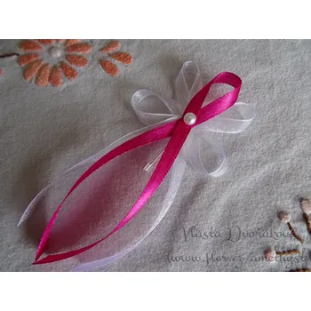 Svatební dekorace Vývazek velký s perličkou - bílá / fuchsiová 080 I.