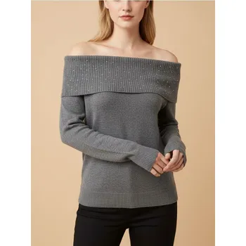 Dámský svetr Sinsay - Svetr s kamínky a výstřihem do lodičky s příměsí vlny - šedá - 767IV-90M - 767IV-90M-L