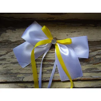 Svatební dekorace Atlasová mašle na auto bílá se žlutou