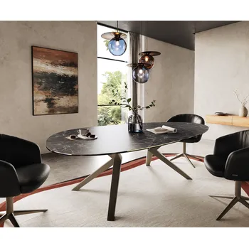 Jídelní stůl DELIFE Jídelní stůl Edge oválný 220x120 keramika Laminam® Nero Greco antracit Zenthara hranatý kov efektová úprava titanová