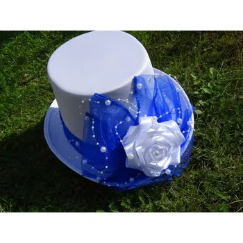 Svatební dekorace Cylindr bílý - kr. modrá organza a atlasová růže