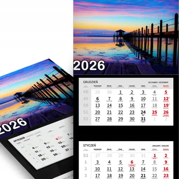 Kalendář Trojdílný kalendář 2026 nástěnný do kanceláře Příroda Molo za soumraku Vzory