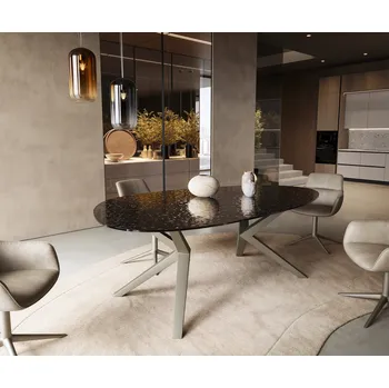 Jídelní stůl DELIFE Jídelní stůl Edge oválný 220x120 reliéfní sklo kouřově černá 3D design Zenthara hranatý kov titanová barva
